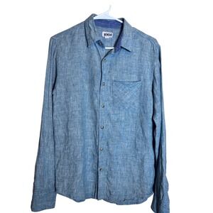 1901 Nordstrom Mens Small Blue Linen Blend Long Sleeve Button Down Shirt Pocket
